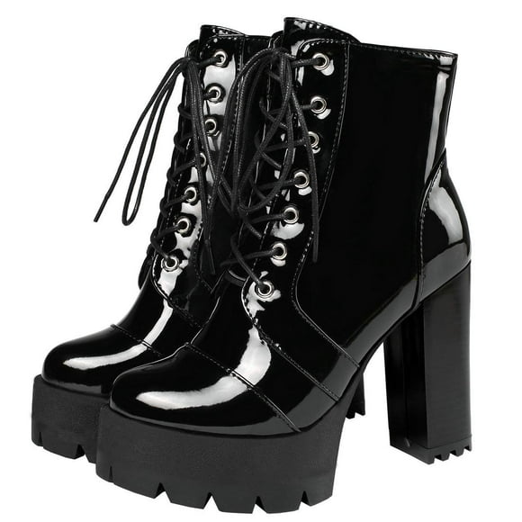 Women Goth Ankle Boots Platform Chunky High Heel Lace Up Gothic Combat Boots Platform Punk Lace-Up Boots Gothic Chelsea Boots Sexy Patent Leather Short Boots Shoes for Women Girls