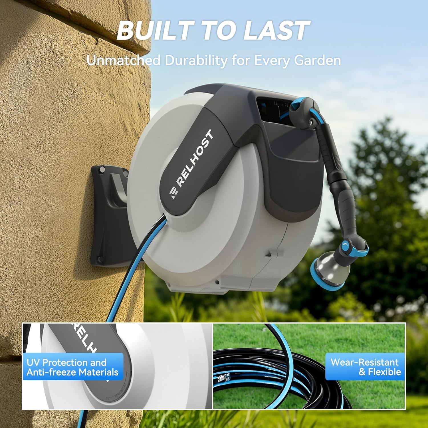 Relhost Retractable Garden Hose Reel 100 ft x 5/8 in, Heavy Duty Hose Reel Wall Mount with Any Length Lock, Auto Rewind System, 180° Swivel Bracket, 10-Pattern Garden Hose Nozzle, White & Grey