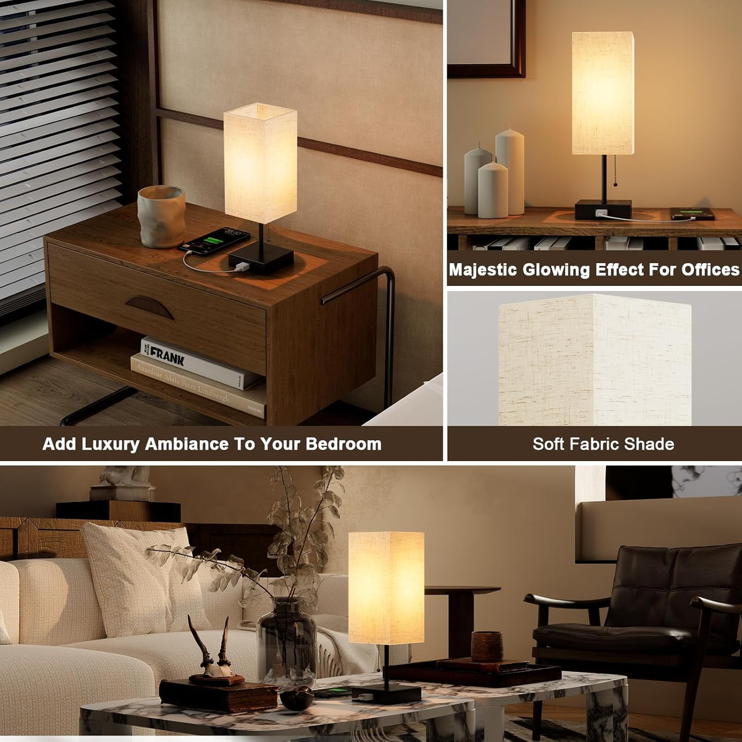 Table Lamp for Bedroom,Nightstand Lamp for Bedside with AC Outlets,Adjustable 3color LED Light Desk Lamp for Home Decor,Included Bulb and Lamp Shade (Linen White-onlyAC, 2PCS)