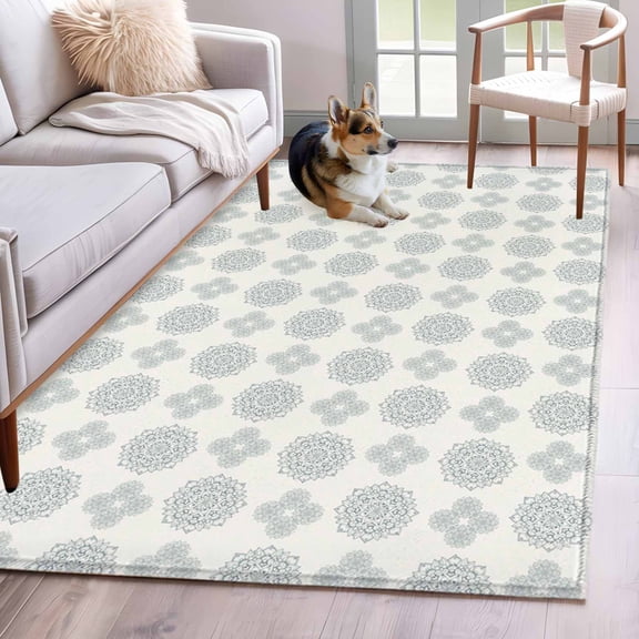 Blue Green Bohemia Area Rugs 2.7'x5', Washable Small Throw Rugs for Kitchen Bedroom, Vintage Abstract Boho Flowers Cream Indoor Outdoor Rug Non-Slip Low Pile Carpet Runner Reversible Floor Mats