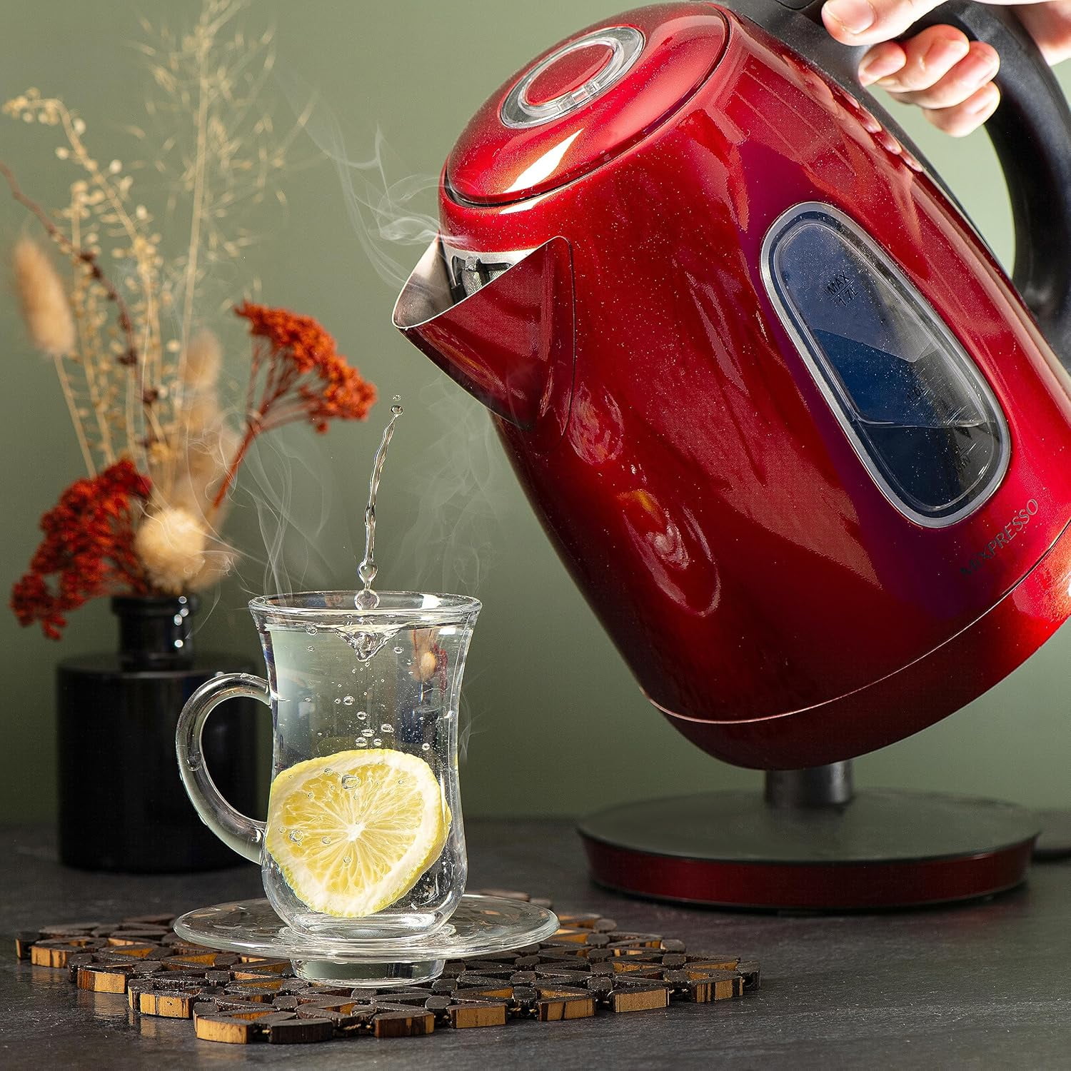 Mixpresso Stainless Steel Electric Kettle Red Color, Cordless Pot 1.7L Portable Electric Hot Water Kettle, 1500w Strong Fast Boiling Pot, Water Boiler, Electric Tea Kettle With Boil Dry Protection
