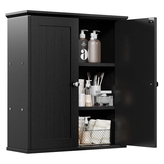 Bathroom Medicine Cabinet Black, Wall Mounted Storage Cabinet with 2 Doors, 3-Tier Shelves, Space Saving Over Toilet Organizer for Bathroom