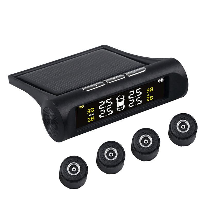 TPMS Solar Tire Pressure Monitoring System LCD Real-time Display Pressure & Temperature Alerts Ensure Safe Driving Universal Wireless Tire Safty Monitor with 4 External Sensors 0-3.5Bar/0-50Psi 
