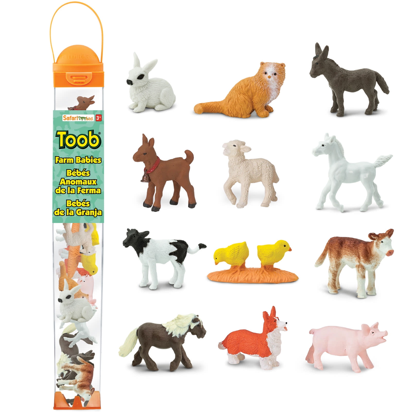 Safari Ltd. Farm Babies TOOB - Figurines: Donkey, Pony, Goat, Lamb, Horse, Cat, Corgi, Pig, Chicken, Holstein, Bunny - Educational Toy Figures For Boys, Girls & Kids Ages 3+