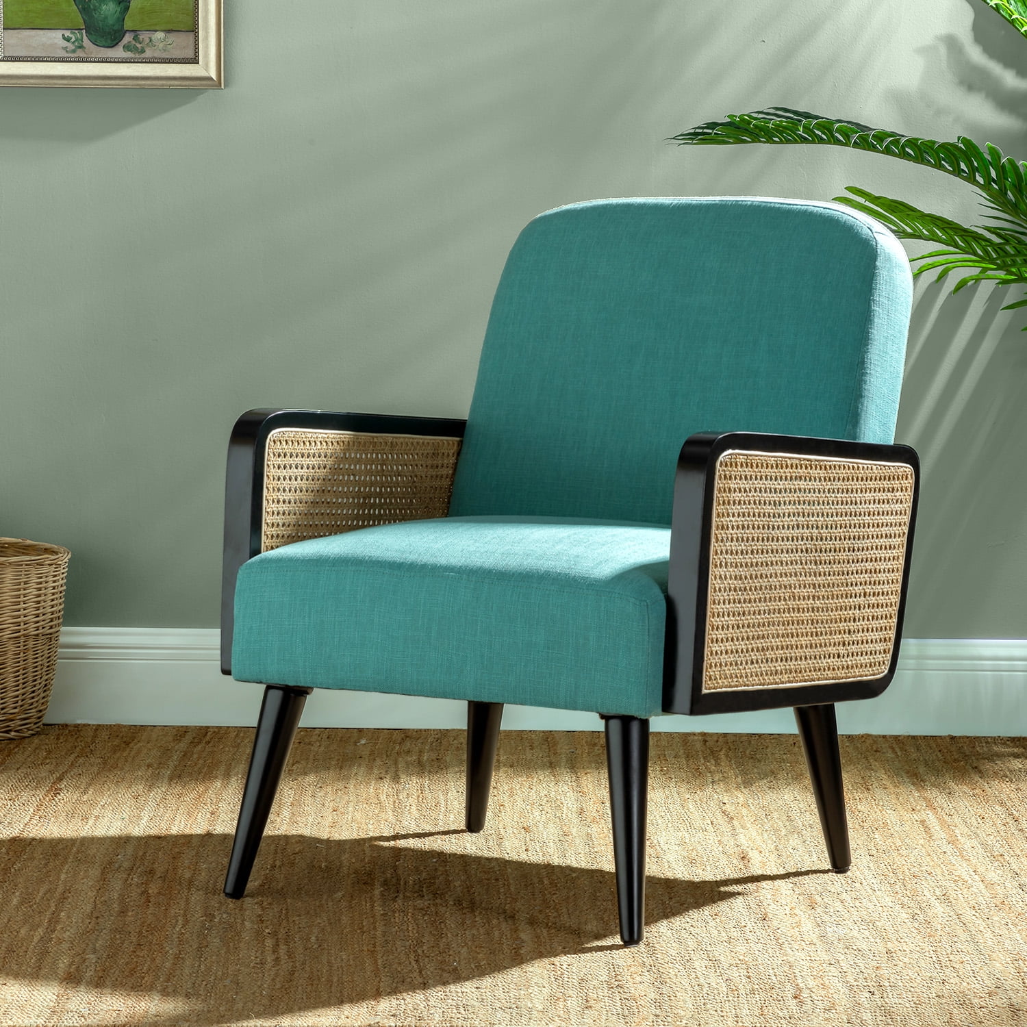14 Karat Home Modern Upholstered Rattan Armchair, Reading Accent Chair ...