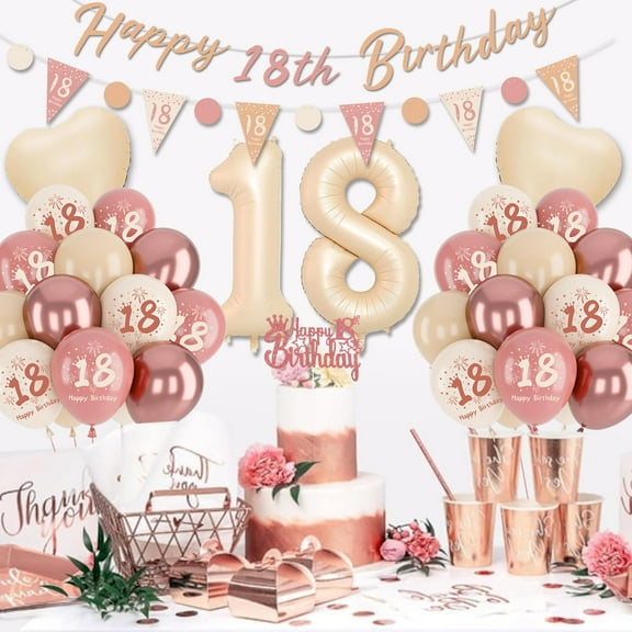 YANSION 18th Birthday Decorations for Girls, Retro Blush Pink Balloons, 18th Birthday Banner, Triangle Flag Banner, 18th Birthday Balloons, Rose Gold White Sand Nude Balloon Set