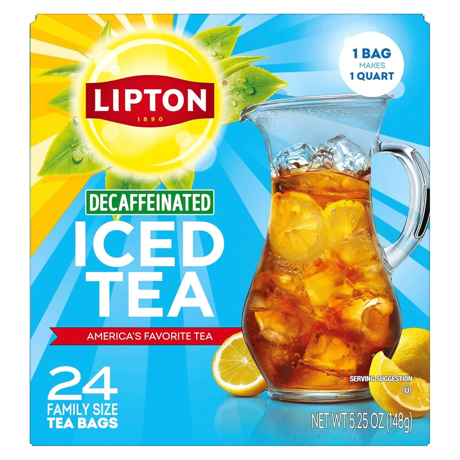 Lipton Decaf Black Iced Tea Bags, Family Size, Zero Calories, 72 Tea Bags Total (24ct - Pack of 3), Unsweetened Decaffeinated Black Tea