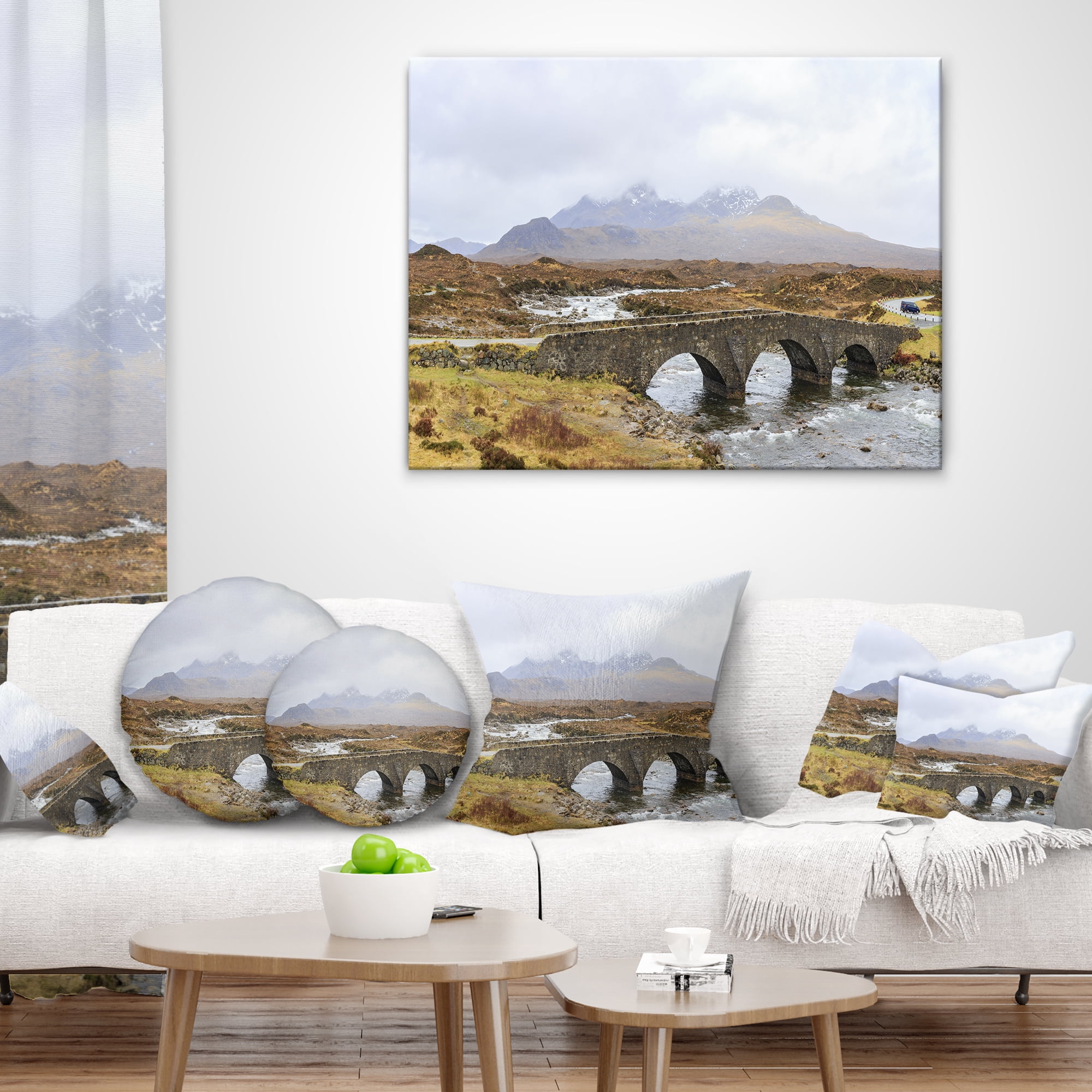 Designart Sligachan Old Bridge Panorama - Landscape Printed Throw Pillow - 16x16