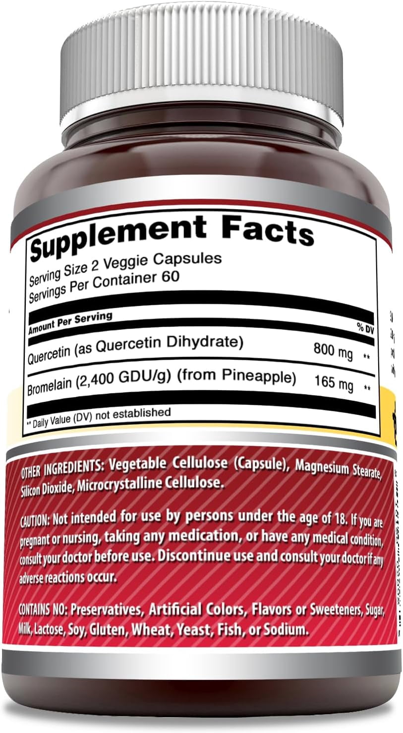 Amazing Formulas Quercetin Bromelain 965mg Per Serving 120 Veggie Capsules Supplement | 800mg Quercetin & 165mg Bromelain | Non-GMO | Gluten Free | Suitable for Vegetarians | Pack of 3