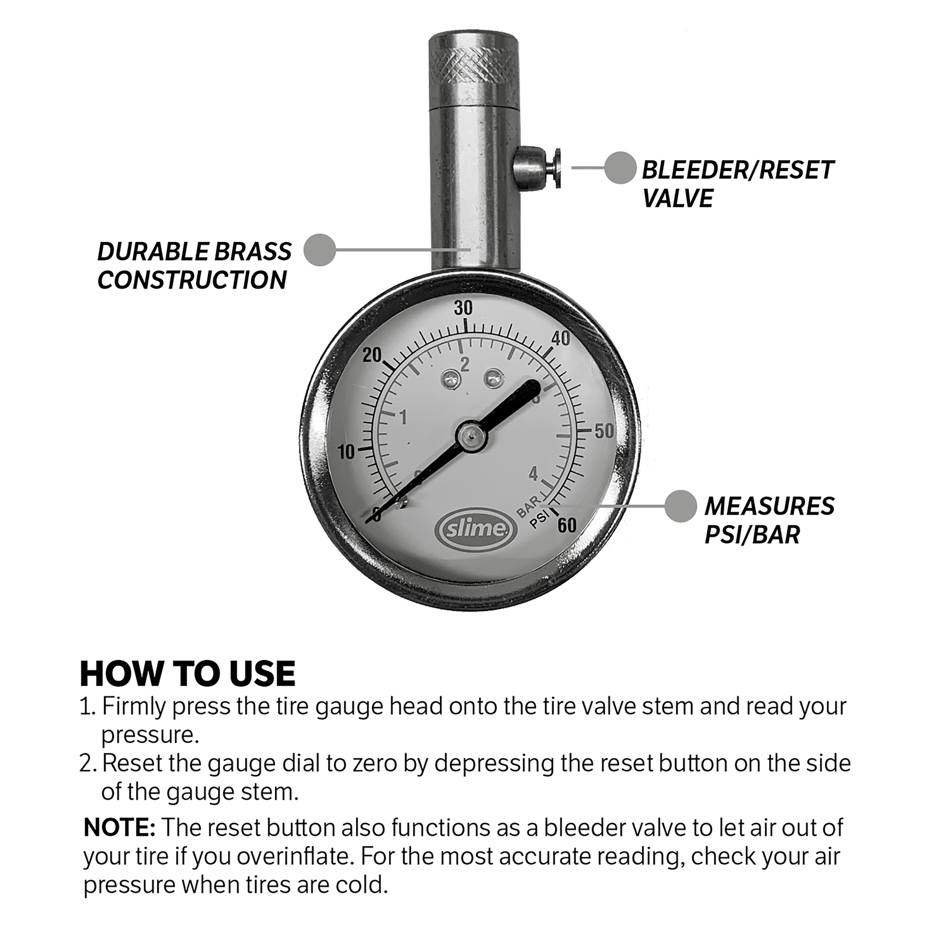 Slime Brass Dial Tire Pressure Gauge 5-60 PSI photo 4
