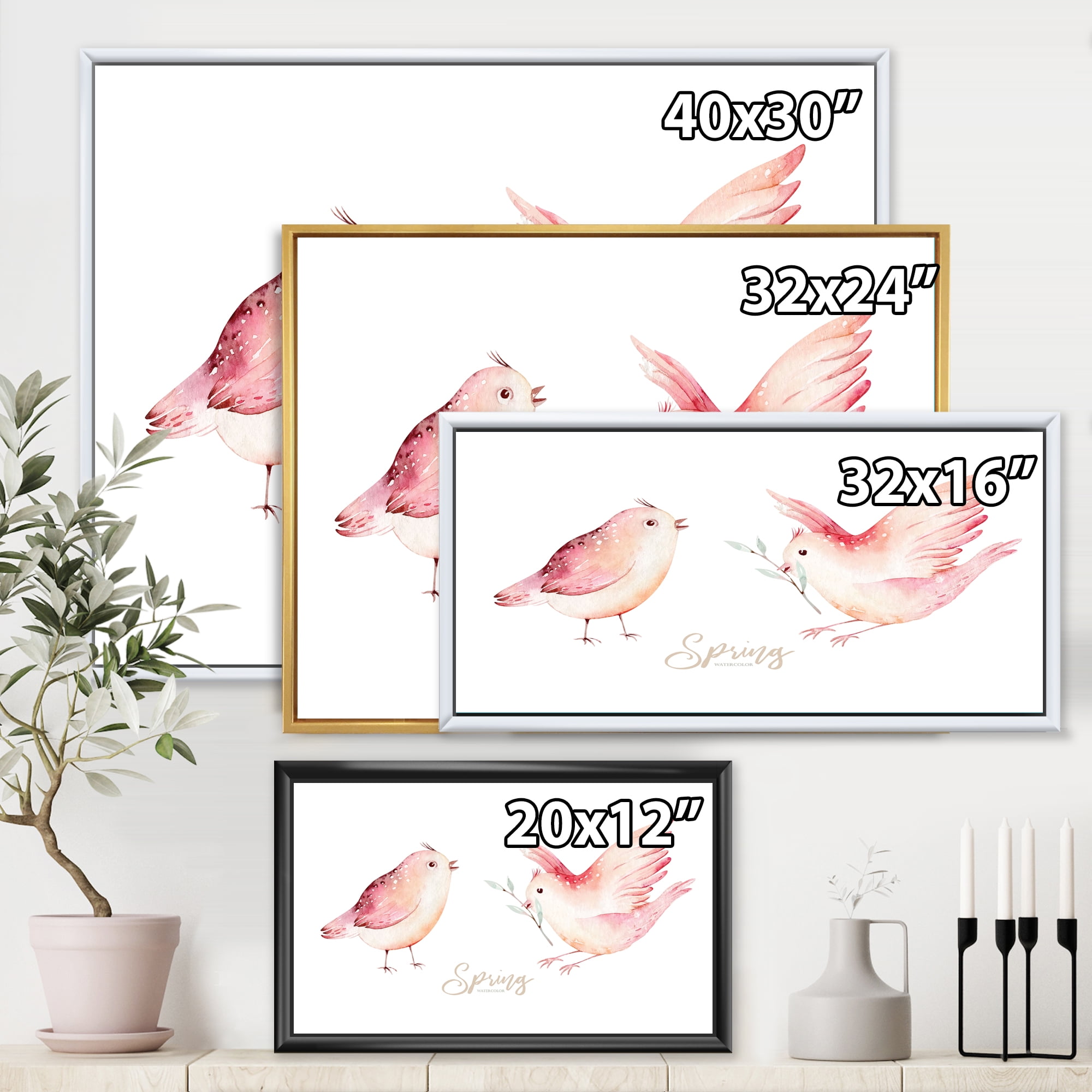 Designart 'Spring Bird With Green Leaves On White' Traditional Framed Canvas Wall Art Print