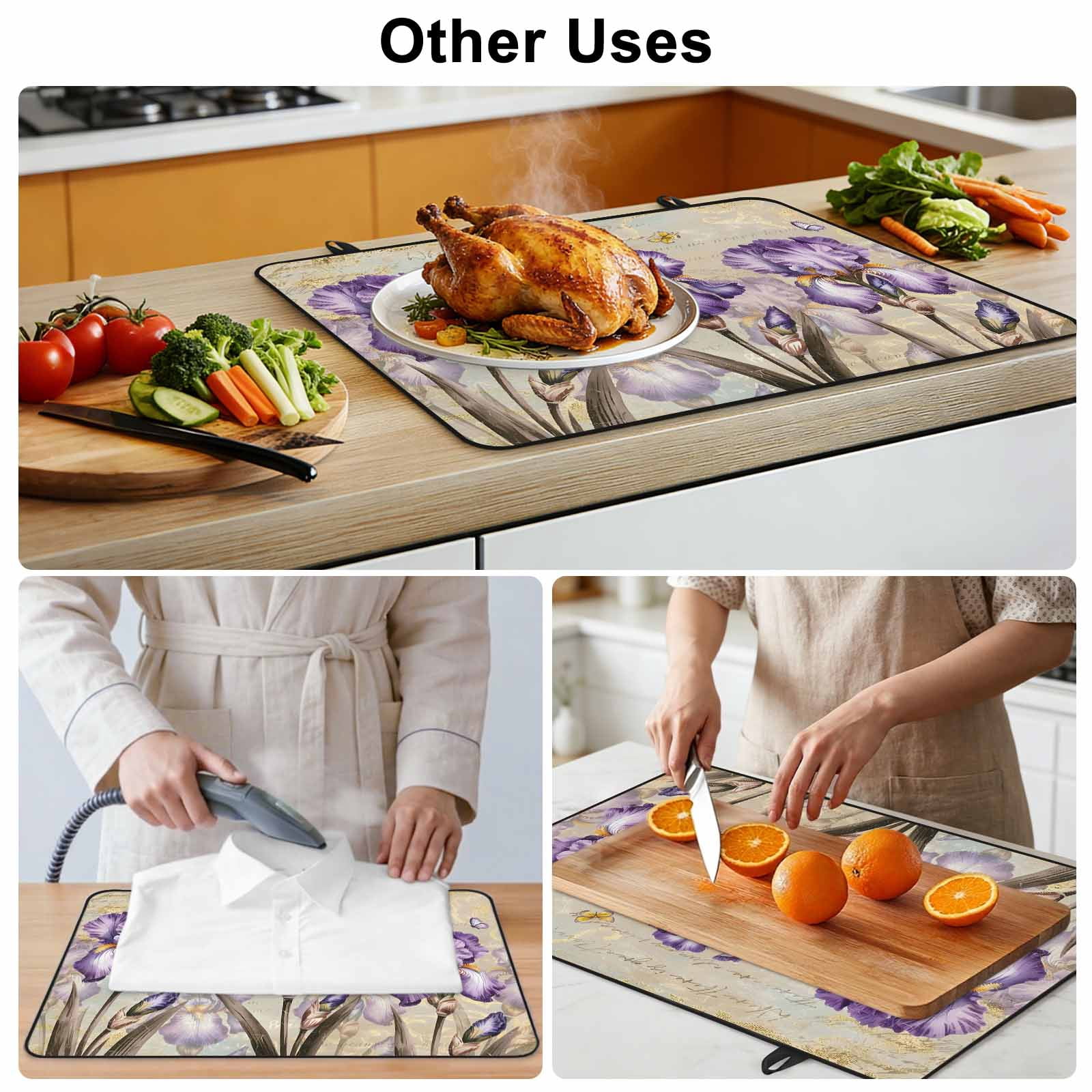 Purple Iris Stove Top Cover for Electric Stove, Heat-proof & Non Slip Glass Top Stove Cover Protector, Spring Vintage Flowers Butterfly Leaves Khaki Kitchen Flat Cooktop Rubber Mat 31x24 Inches