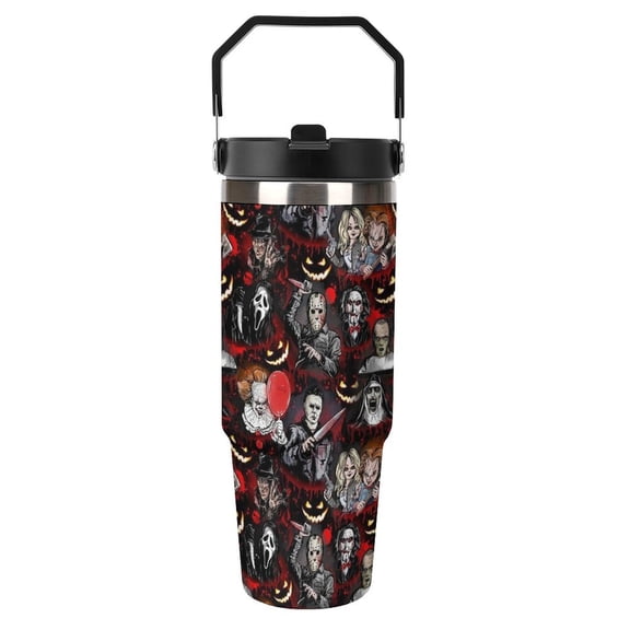 30oz Tumbler with Handle And Flip Straw Lid Horror Movie Characters Stainless Steel Bottle Double Wall Insulated Travel Coffee Mug