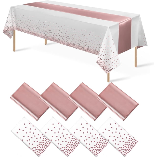 Paquete de 8 manteles desechables de plástico y camino de mesa de satén, mantel de punto negro dorado, camino de mesa de satén dorado para graduación, boda, cumpleaños, baby shower, aniversario, decor