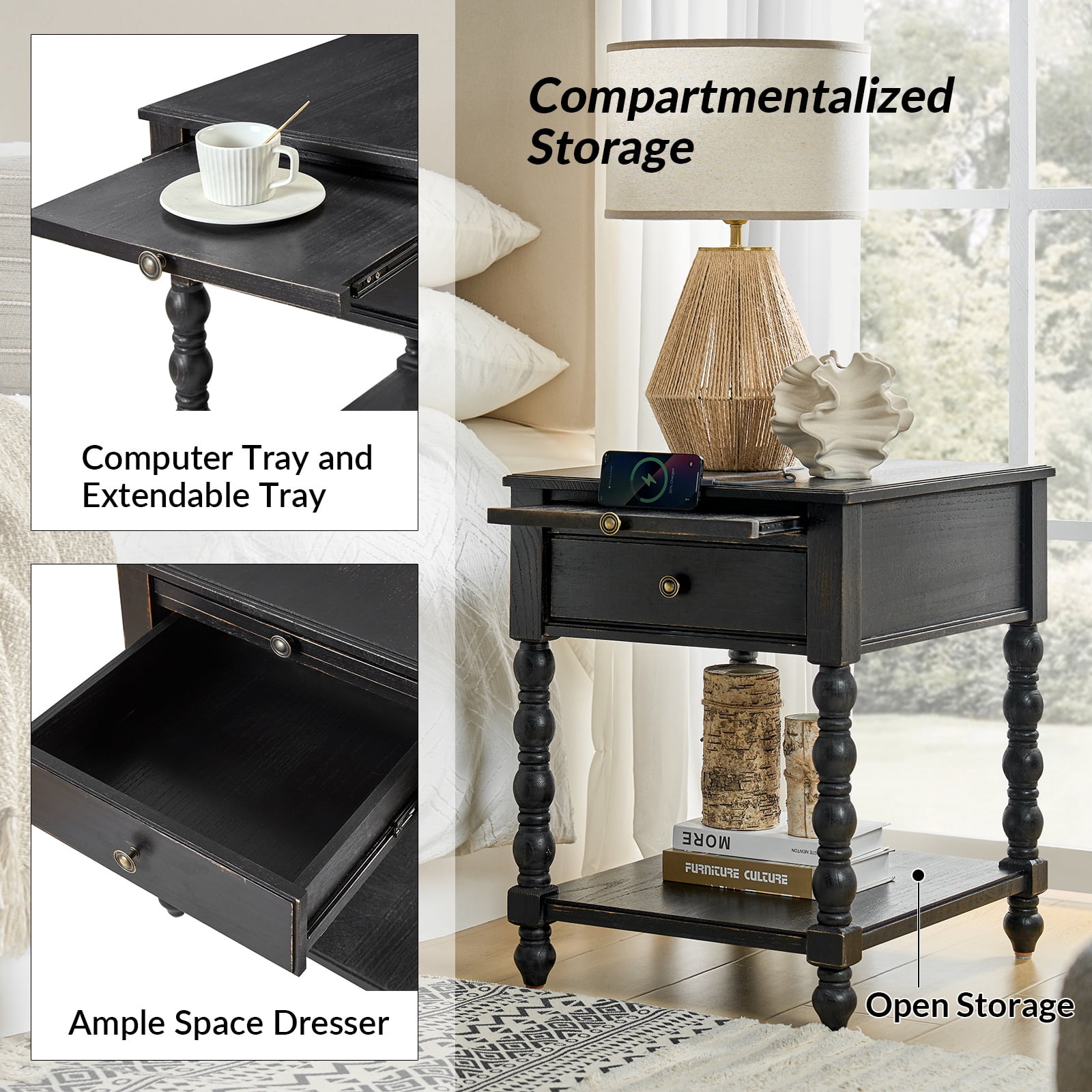 26" Modern End Table Solid Wood Set of 2 with Drawer Tray USB for Living Room Charcoal