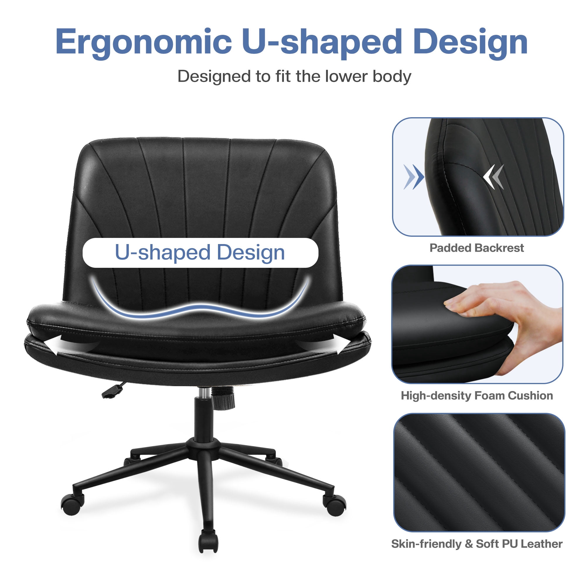 Celtoss Criss Cross Home Office Chair, Armless Swivel Task Computer Chair with Wheels, in PU Leather, Vanity Style, Black