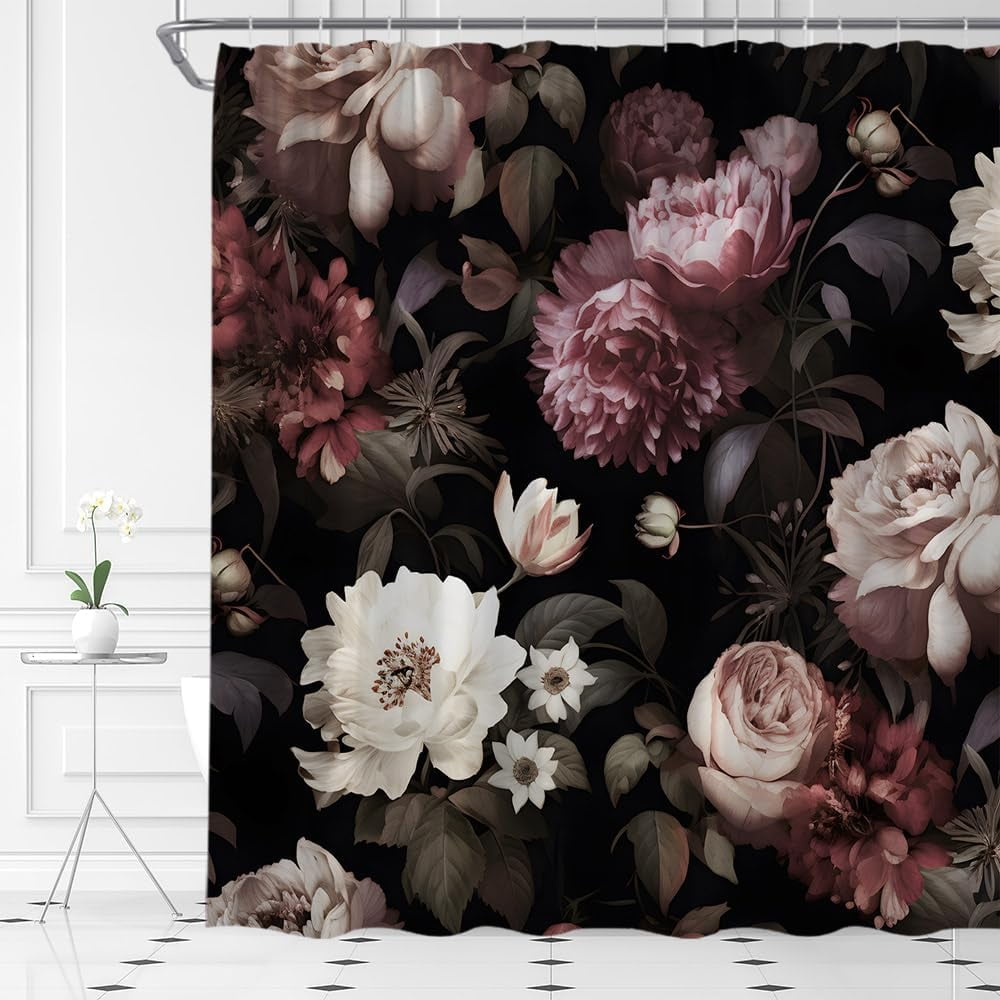 Black Floral Shower Curtain Retro Flower Blossom Rustic Watercolor Botanical Rose Peony Vintage Flowers Spring Plant Leaves Boho Gothic Fabric Bathroom Decor Set with Hooks(84" Wx70 H)