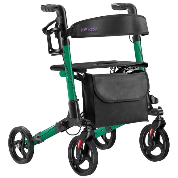 KEKOY Walkers for Seniors Foldable Mobility Rollator with Seat 350 lb, Adjustable Handles and Backrest Height, Adult Aluminum Rolling Walker, 8" Big Wheels, Green