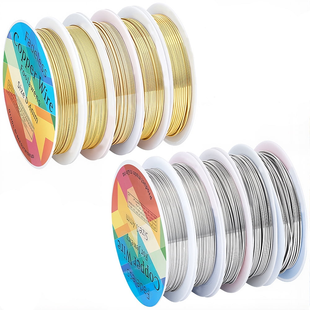 10 Rolls 10 Styles Round Copper Jewelry Wire Long-Lasting Plated Mixed Color 0.4~1mm 1 roll/style