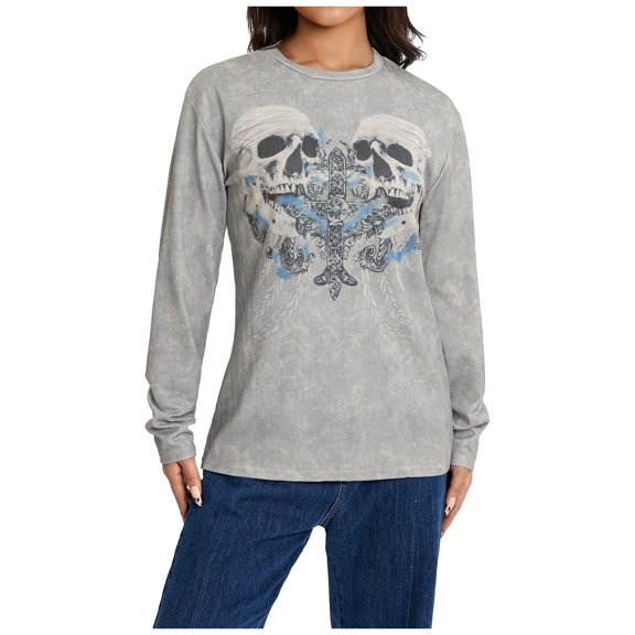 Womens Fall Halloween Shirt Women's T-Shirts Women's Casual Halloween Print Long Sleeve Pullover Sweatshirt Top Grey L