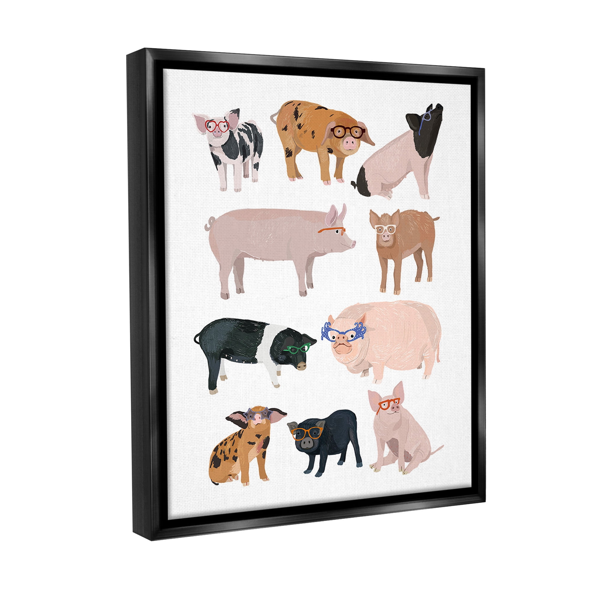 Stupell Industries Hipster Pigs in Glasses Animals & Insects Painting Black Floater Framed Canvas Art Print Wall Art, 17 x 21