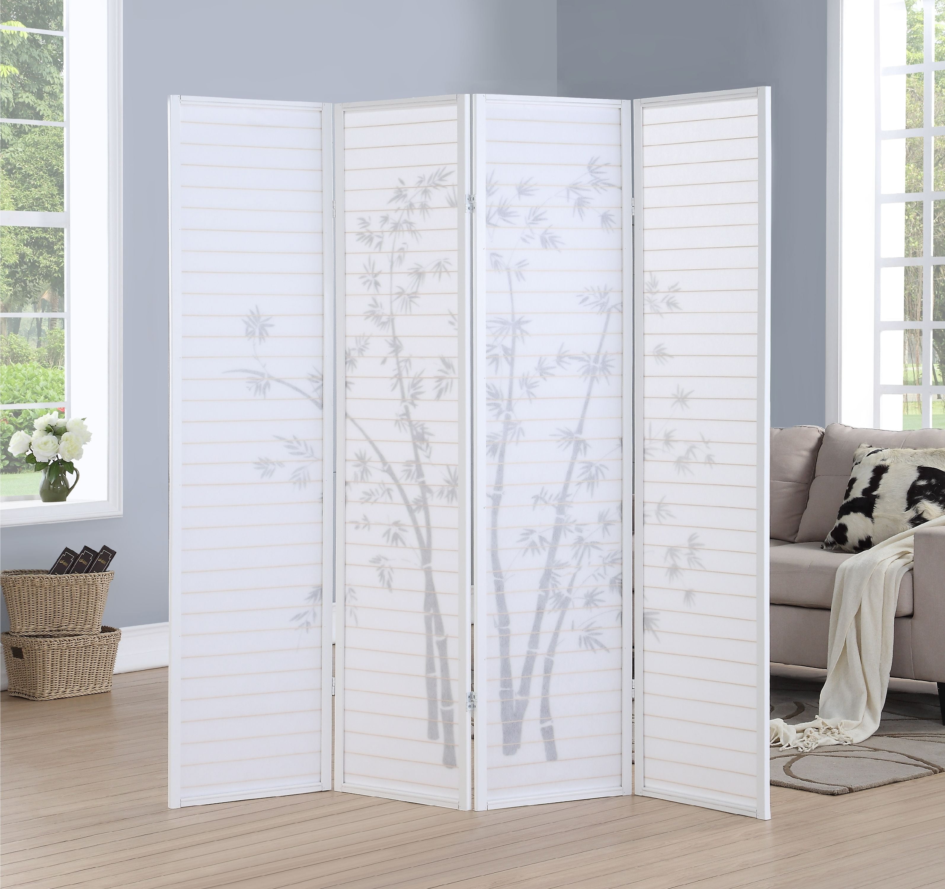 Roundhill Furniture Bamboo Print 4 Panel Room Divider, 71" Tall, White