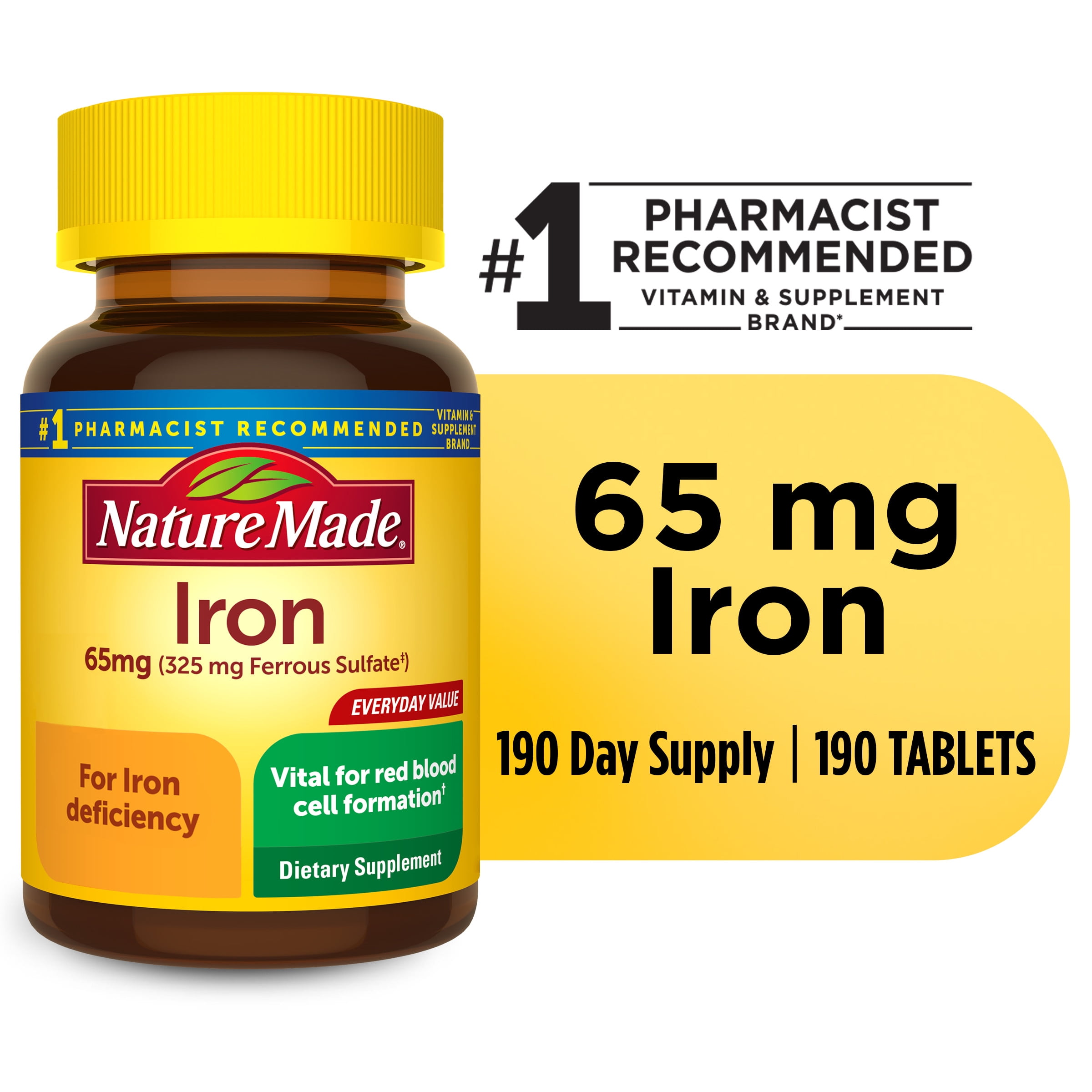 Nature Made Iron 65 mg (325 mg Ferrous Sulfate) Tablets, Dietary Supplement, 190 Count