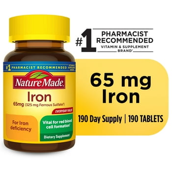 Nature Made Iron 65 mg (325 mg Ferrous Sule) s, Dietary Supplement, 190 Count