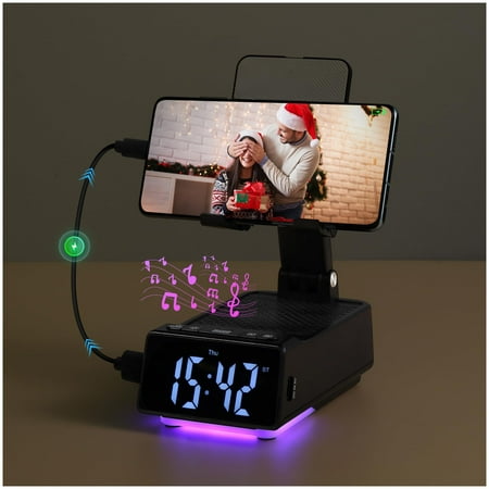 JDMEOPD Cell Phone Stand with Bluetooth Speaker and Alarm Clock, 7-in-1 Phone Holder with LED Clock, RGB Light, USB-C Charging