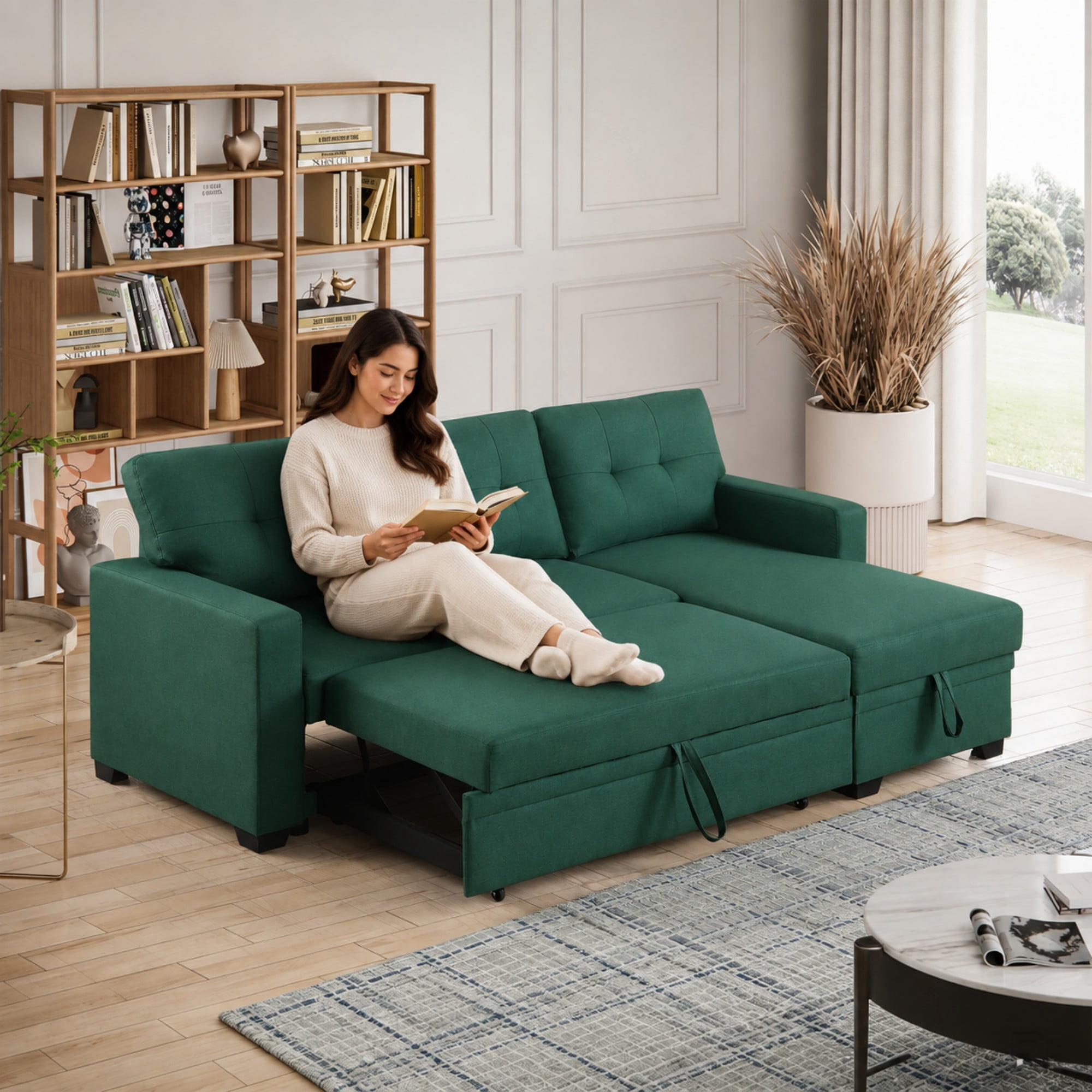BSHTI 82" 3-Seat Linen Pull Out Sectional Sleeper Sofa with Storage Chaise, Removable Back Cushions for Living Room（Green）