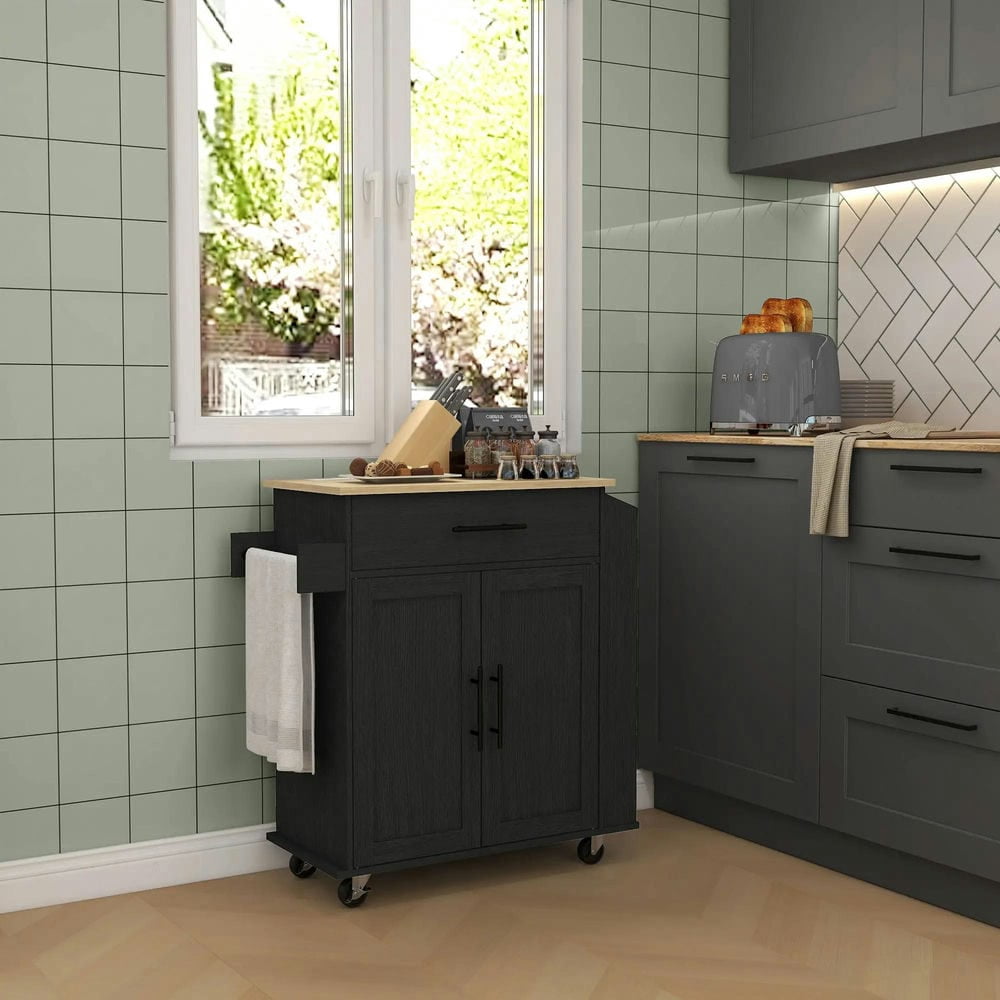 Resenkos Kitchen Cart, Kitchen Island Cart,Kitchen Island on Rollers with Power Outlets, Drawer, and Doors, Black