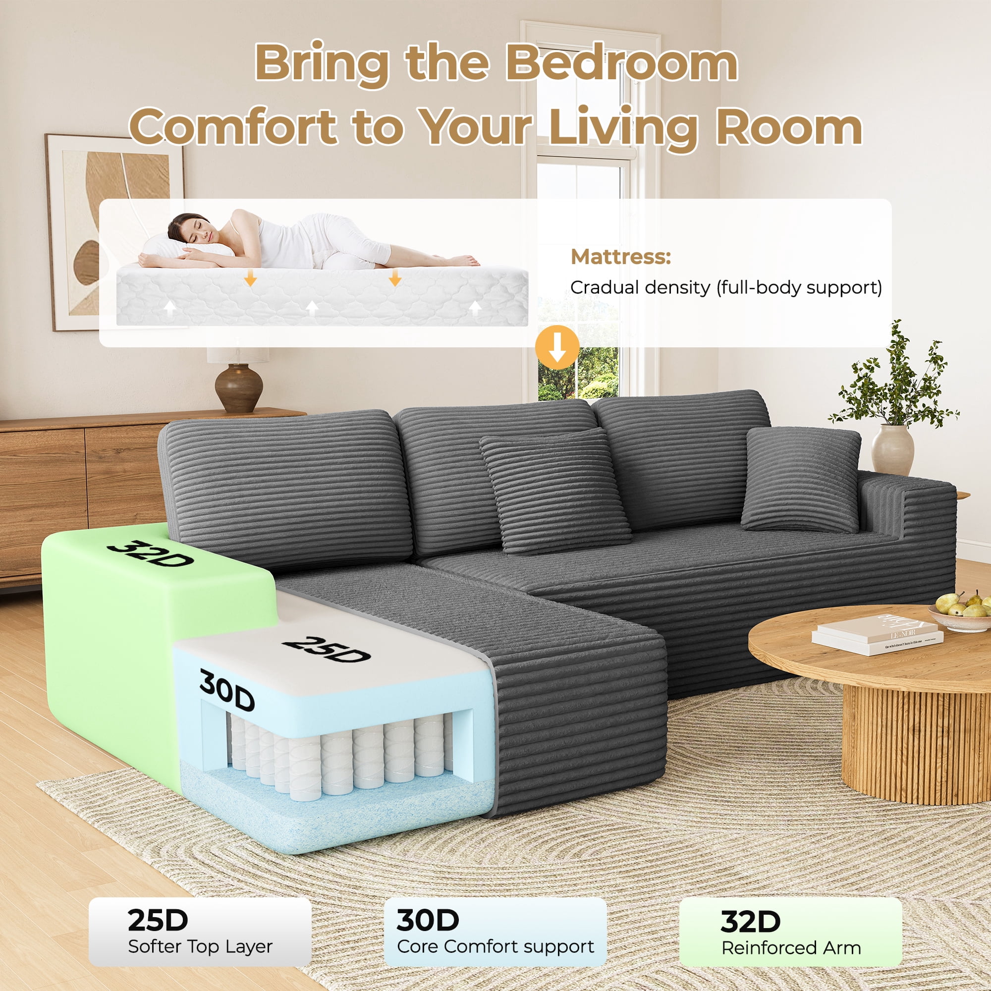 108" Boneless Sofa for Living Room, Neche Modern L-Shaped Corduroy Sectional, Modular Cloud Couch with Deep Seating Upholstered Sofa, Oversized,No Assembly, Gray