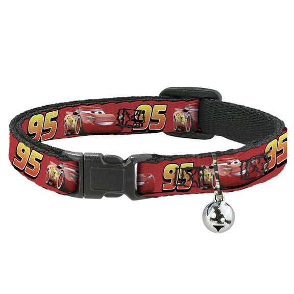 Disney Cat Collar, Breakaway Collar with Bell, Cars Lightning McQueen Smiling Pose 95 Reds White Orange, 8.5 to 12 Inches 0.5 Inch Wide