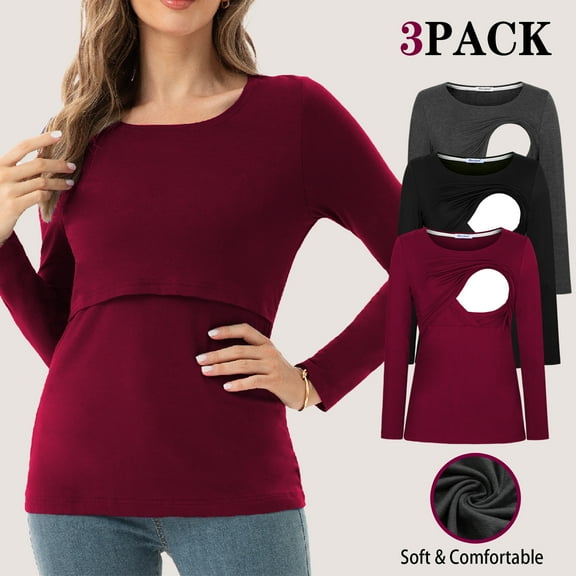 Beaisland Women's Maternity Nursing Tops Comfy Long Sleeve Breastfeeding T-Shirt 3-Pack