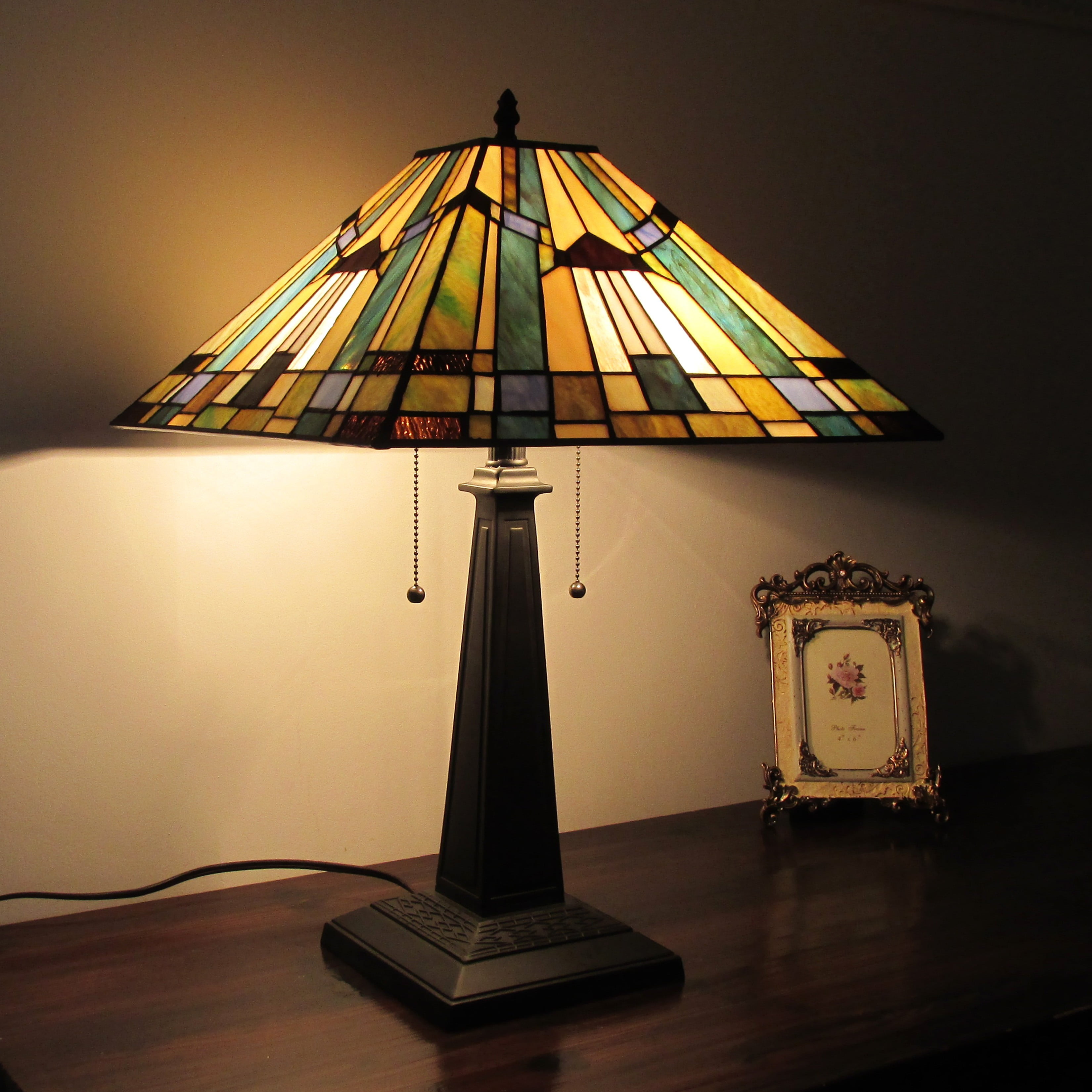 ブラウン Mission Iron Dark Bronze Brown Gold White Stained Glass Shade for ...