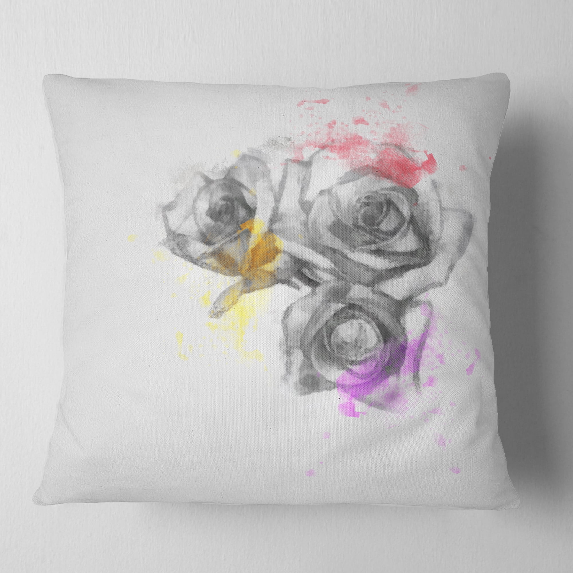 Designart Black White Watercolor Rose Sketch - Floral Throw Pillow - 18x18