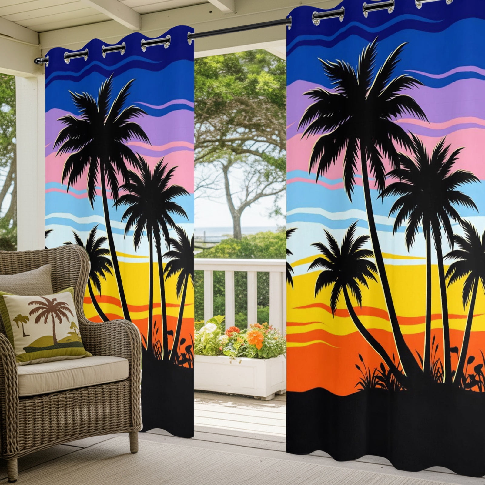 Coastal Sunset Outdoor Curtains for Patio, Palm Trees Beach Ocean Summer Sunshade Privacy Drapes Grommet Waterproof Outside Curtains for Porch/Cabana/Balcony 54"x 108", 1 Panel