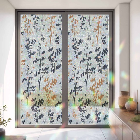 Window Privacy Film,Retro Black Orage Leaves Herb Static Clings Decorative Rainbow Window Films Stickers Watercolor Leaf Vintage Linen Sun Blocking Glass Cover for Home Bathroom Office,35.4"x78.7"
