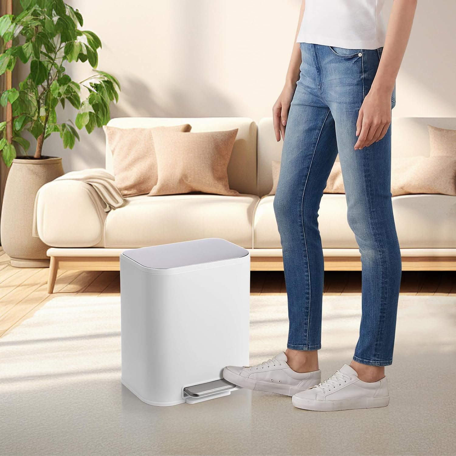 5.3 Gallon Bathroom Trash Can with Lid, Stainless Steel Foot Pedal Step Waste Bin, Removable Inner Bucket, Rectangular Small Garbage Can for Kitchen, Living Room, White