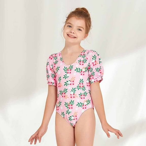 Herrnalise Girls One PieceRash Guard Swimsuits for Girls Short Sleeve Floral Swim Shirts with Sun Protection