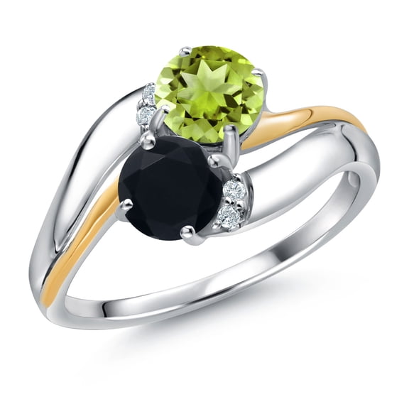 Gem Stone King 925 Sterling Silver and 10K Yellow Gold Black Onyx Green Peridot 5MM Round 2 Stone and Lab Grown Diamond Accent Ring for Women (1.05 Cttw, Gemstone December Birthstone, Size 7)