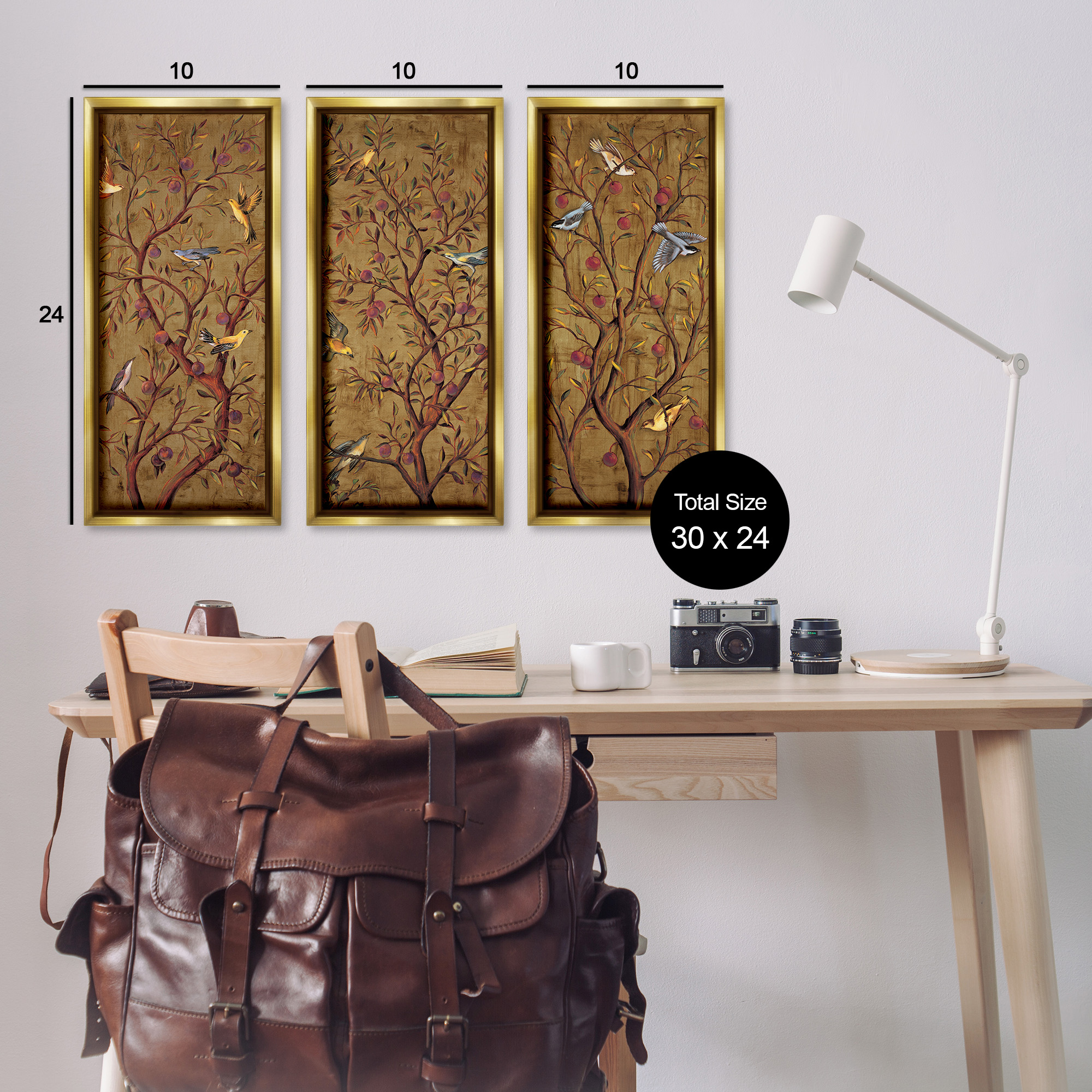 Stupell Industries Regal Plum Tree with Perched Birds Animals & Insects Painting Gold Floater Framed Canvas Art Print Wall Art, 11 x 25, Set of 3