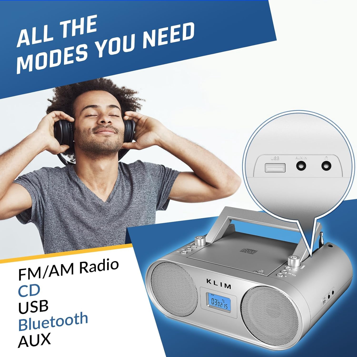 KLIM Boombox B4 CD Player Portable Audio System + AM/FM Radio, MP3, Bluetooth, AUX, USB + Wired & Wireless Mode, Rechargeable Battery + Remote Control, Autosleep, Digital EQ, Silver