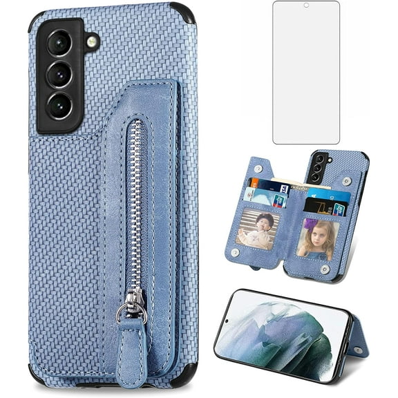 Phone Case for Samsung Galaxy S21 FE Gaxaly S 21 FE 5G Wallet Cover with Screen Protector and Zipper Credit Card Holder Stand Leather Cell Accessories Glaxay S21FE5G UW S21FE 21S G5 Women Men Blue