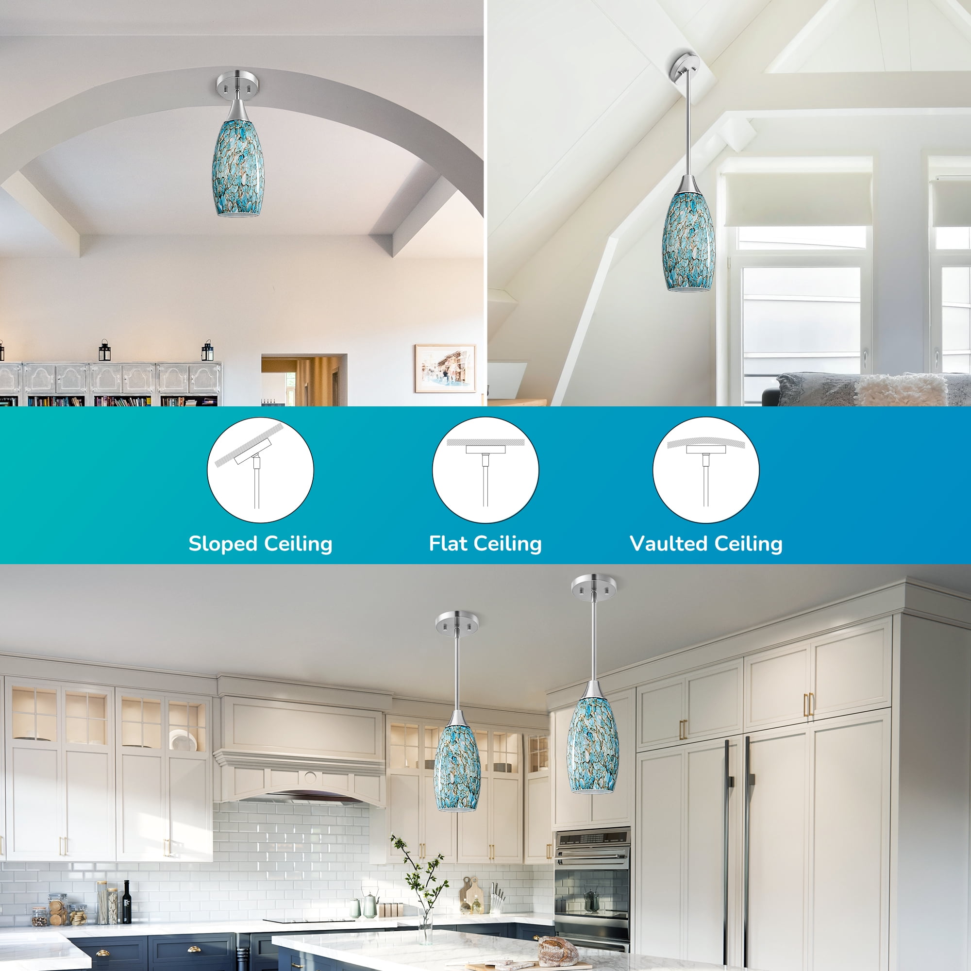 EDISHINE Pendant Lighting for Kitchen Island, Kitchen Island Lights, Hanging Light Fixture, Brushed Nickel Finished, E26 Socket, Blue