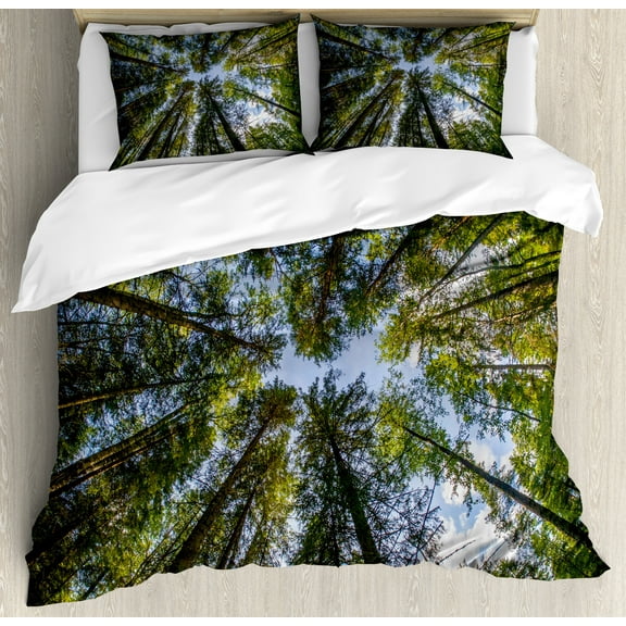 Nature Duvet Cover Set, Wild Jungle Moss Forest Crown Trees Leaves Nature Photo Art, Decorative 3 Piece Bedding Set with 2 Pillow Shams, King Size, Forest Green Sky Blue, by Ambesonne