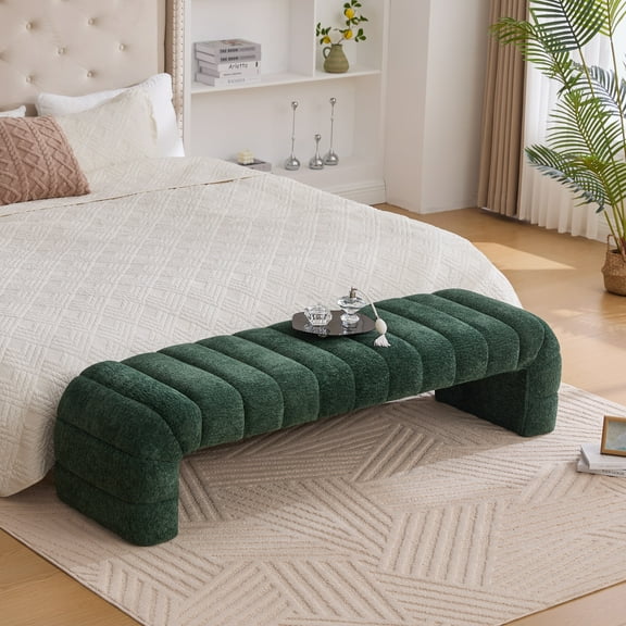 69.7"Wide Modern Upholstered Armless Bed Bench, Channel Tufted Couch Daybed Chaise, Chenille Ottoman Foot Stool for Living Room and Bedroom, Entryway, Green