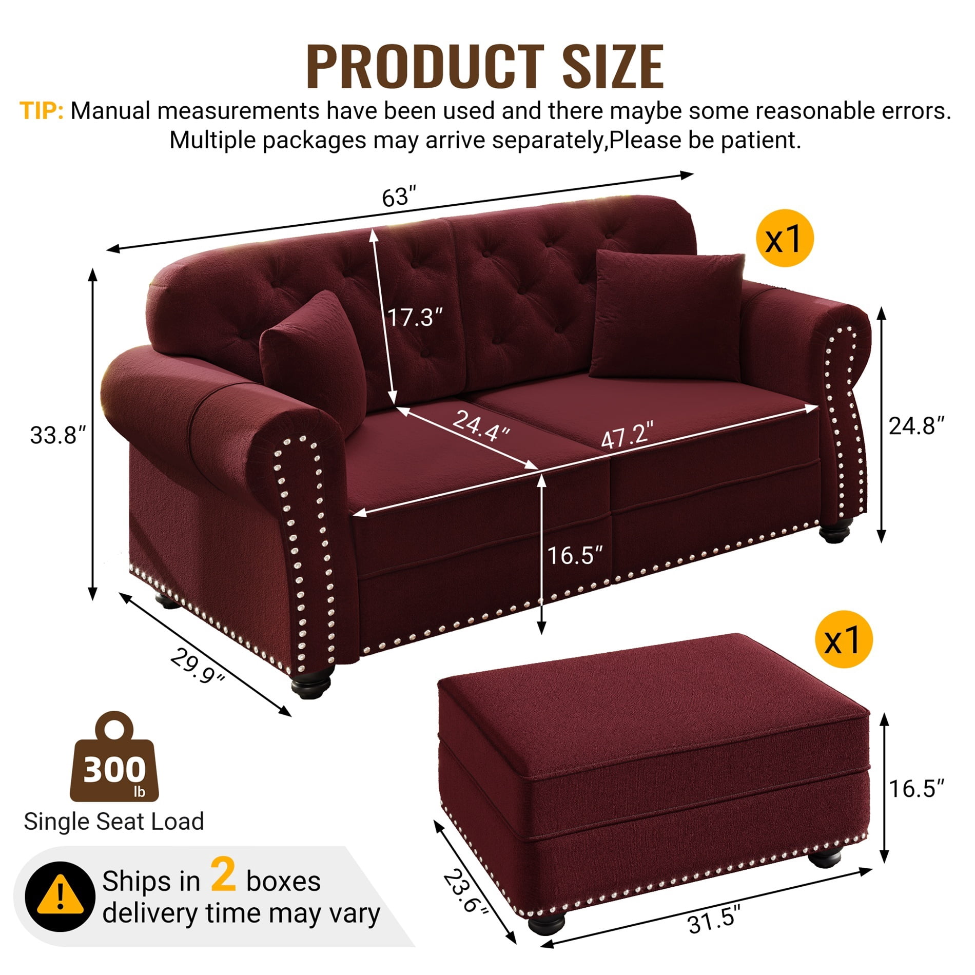 Alvantor 63" Loveseat sofa with Ottman, Upholstered Velvet Couch with Nailhead Trim and Rolled Armrests, Mid-Century Modern Sofa for Living Room Burgundy