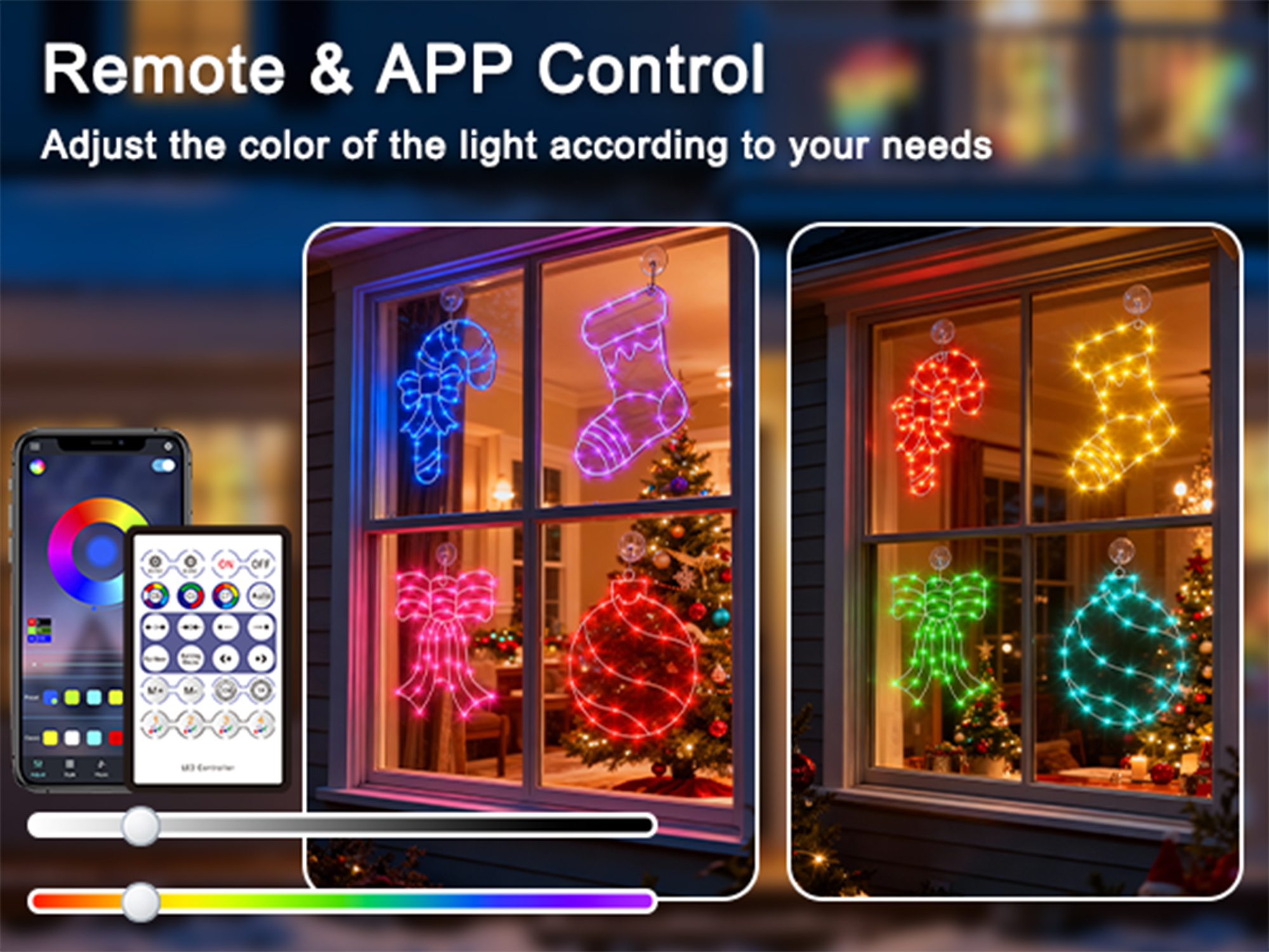 Beatineon Christmas Window Silhouette Lights, APP Controlled RGB Indoor Motif Lights with 4 Festive Designs(Ball,Socks,Crane,Bow), Remote, Timer & Music Sync for Holiday Home Decor