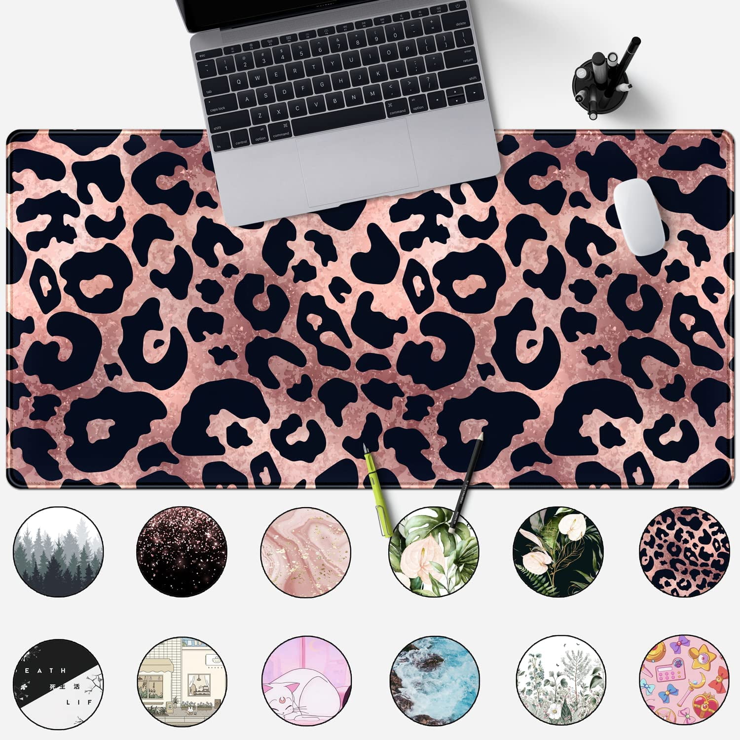 Desk Mat Decor Leopard Rose Black Large Gaming Mouse Pad Gold Pink Marble Mousepad for Women Computer Office Keyboard Mat Laptop Big Mouse Pad Cute Desk Decor 31.5x15.7 in with Non-Slip Stitched Ege
